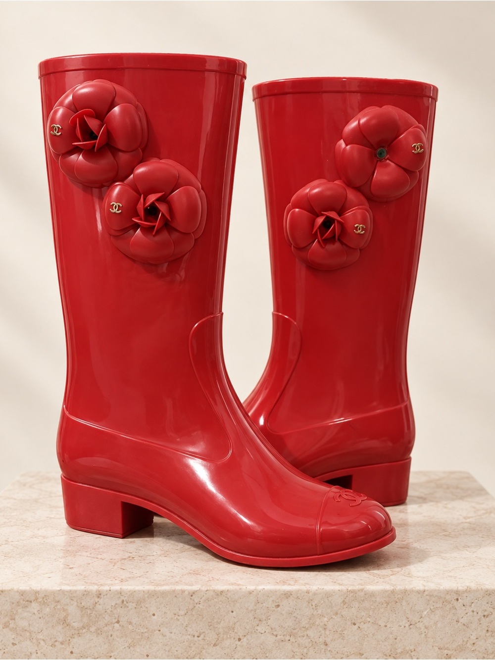 Authentic CHANEL Red Camellia Rain Boots Size 37